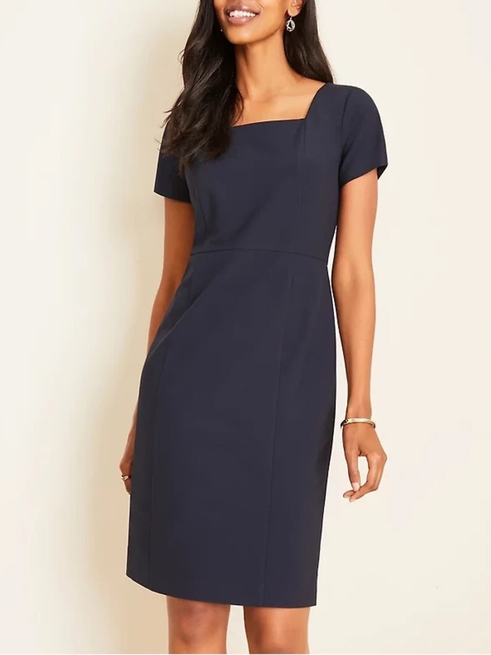 Ann Taylor Seasonless Stretch Square Neck Sheath Dress Navy Blue Workwear 10